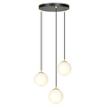 3 bollen hanglamp zwart met messing en wit glas