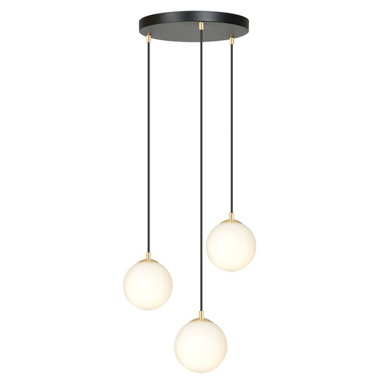 3 bollen hanglamp zwart met messing en wit glas