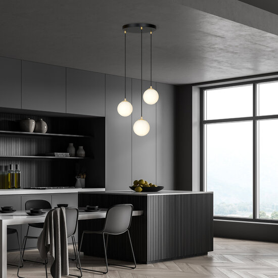 Suspension 3 ampoules noir avec laiton et verre blanc