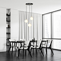 3 bollen hanglamp zwart met messing en wit glas