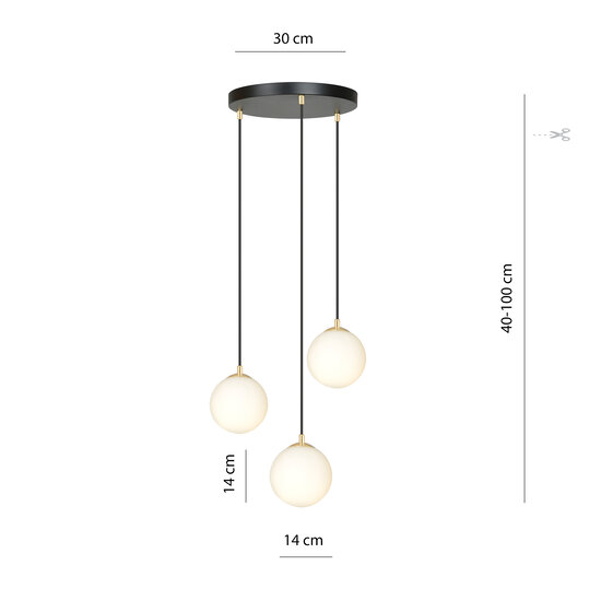 3 bollen hanglamp zwart met messing en wit glas