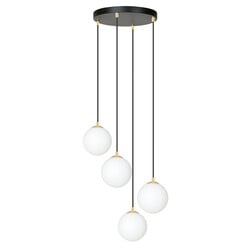 4 bollen pendellamp zwart met messing en wit glas