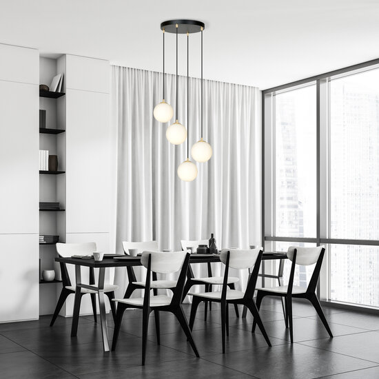 Suspension 4 ampoules noir avec laiton et verre blanc