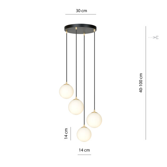 Suspension 4 ampoules noir avec laiton et verre blanc