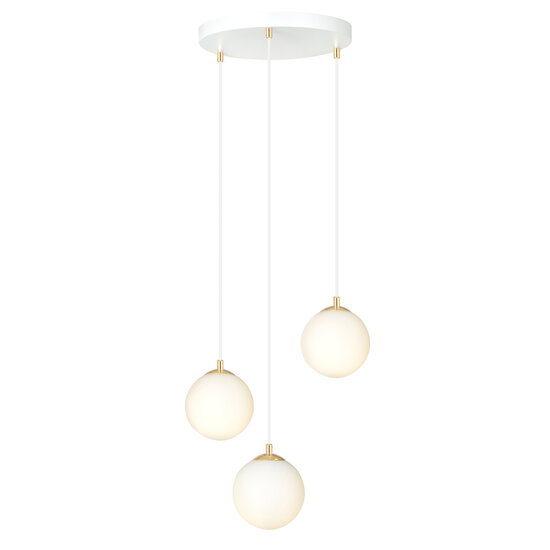 Lámpara colgante 3 bolas blanca con latón y cristal blanco