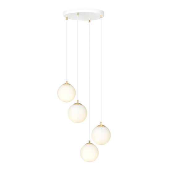 4 bollen pendellamp wit met messing en wit glas