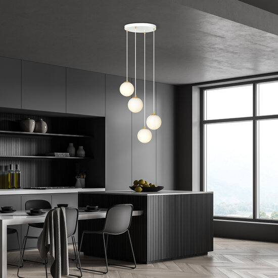 4 bollen pendellamp wit met messing en wit glas
