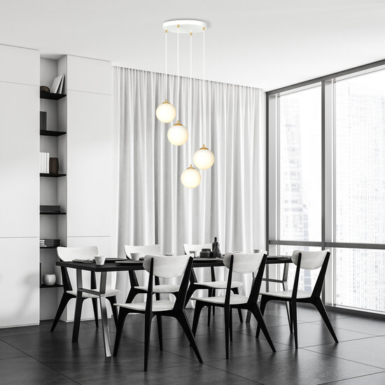 4 bollen pendellamp wit met messing en wit glas
