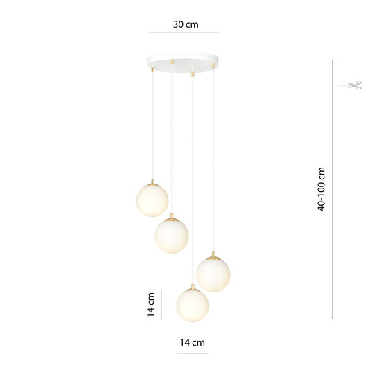 Lámpara colgante 4 bombillas blanca con latón y cristal blanco