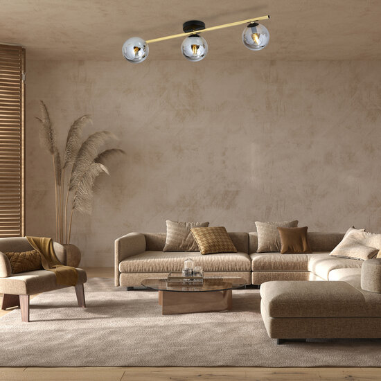 Plafondverlichting 3x E14 zwart met messing en gerookt glas bollen