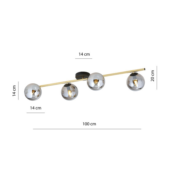 Ceiling lighting 4x E14 black with brass and smoked glass bulbs