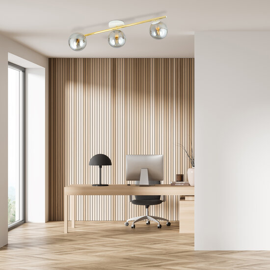 Plafondverlichting 3x E14 wit met messing en gerookt glas bollen