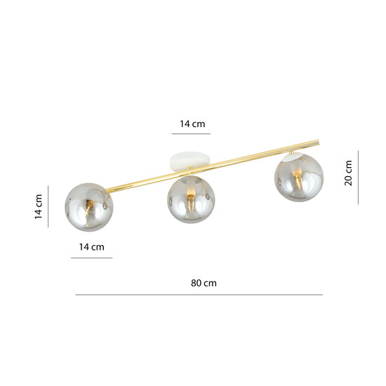 Plafondverlichting 3x E14 wit met messing en gerookt glas bollen