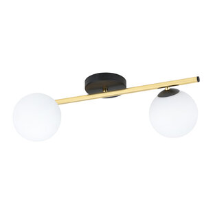 Design plafondlamp 2x E14 zwart met messing en melkglas bollen