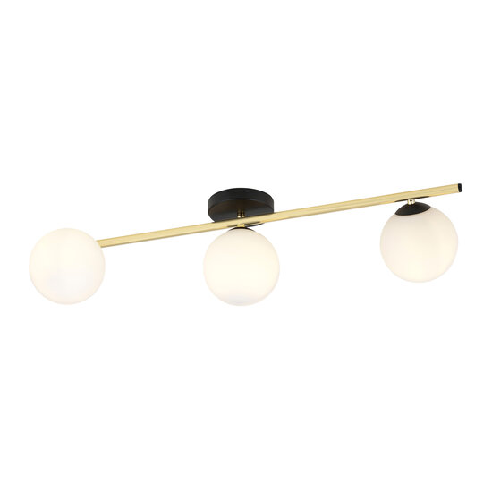 Plafonnier design 3x E14 noir avec ampoules en laiton et verre dépoli
