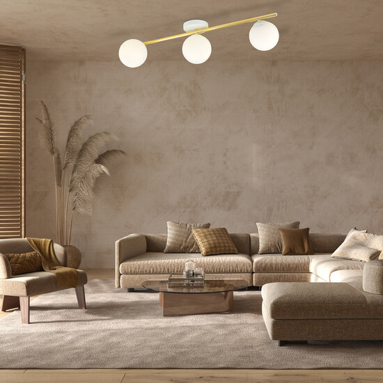 Plafón de diseño 3x E14 blanco con bombillas de latón y cristal satinado