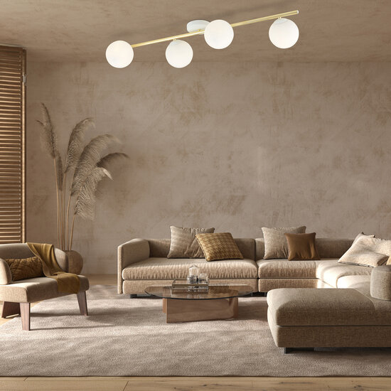 Plafón de diseño 4x E14 blanco con bombillas de latón y cristal satinado