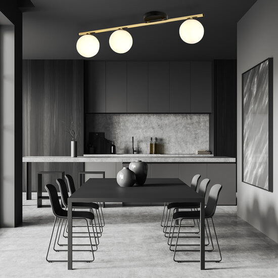 Plafón negro y latón 3x E14 cristal mate bolas blanco