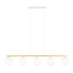 Very long white and brass hanging lamp 5x E14 frosted glass bulbs