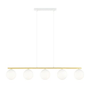 Très longue lampe suspendue blanche et laiton 5x E14 ampoules en verre dépoli