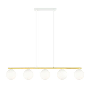 Very long white and brass hanging lamp 5x E14 frosted glass bulbs