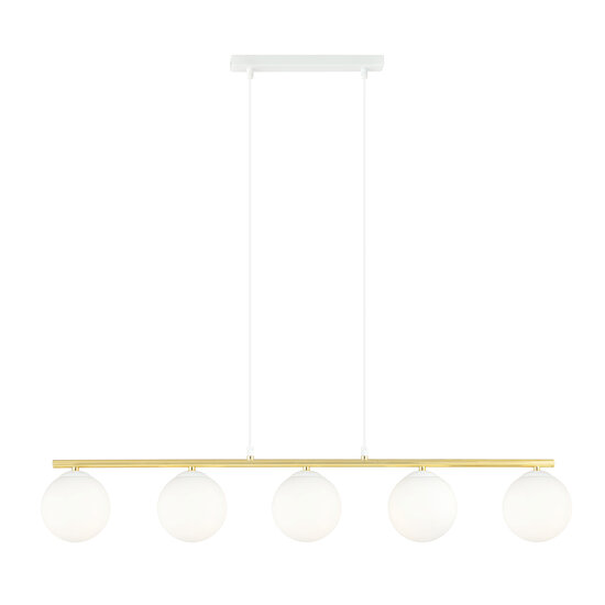 Hele lange witte en messing hanglamp 5x E14 melkglas bollen