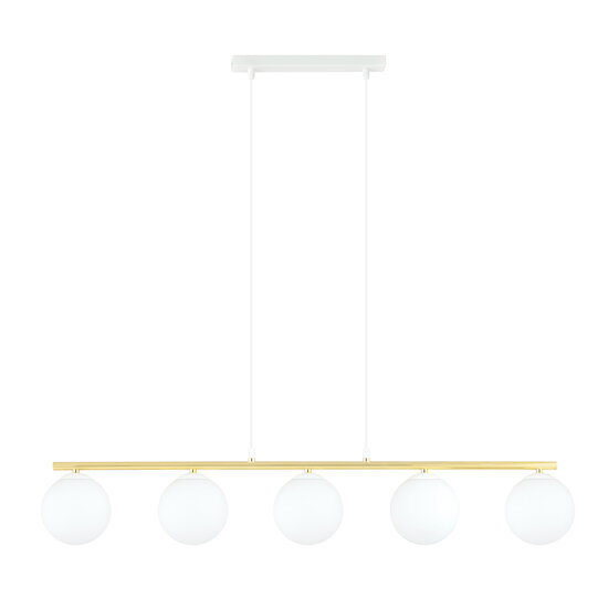 Hele lange witte en messing hanglamp 5x E14 melkglas bollen