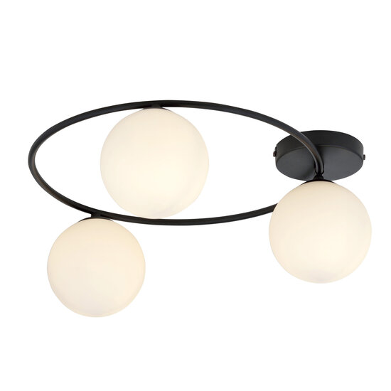 Knappe 3x E14 plafondlamp zwart met witte glazen bollen