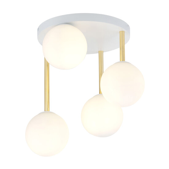 Elegante 4x E14 witte met messing plafondverlichting met witglas bollen