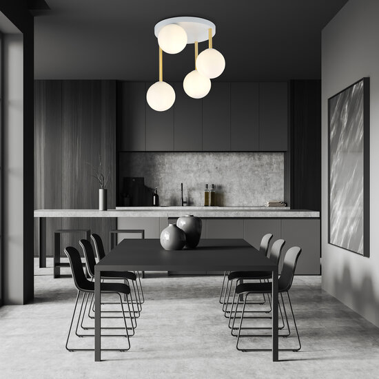 Elégant 4x E14 blanc avec plafonnier en laiton avec ampoules en verre blanc