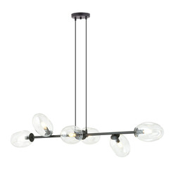 Uitzonderlijke zwarte hanglamp met 6x E14 geblazen transparant glas