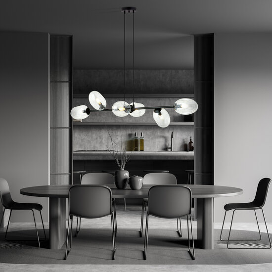 Exceptional black hanging lamp with 6x E14 blown transparent glass