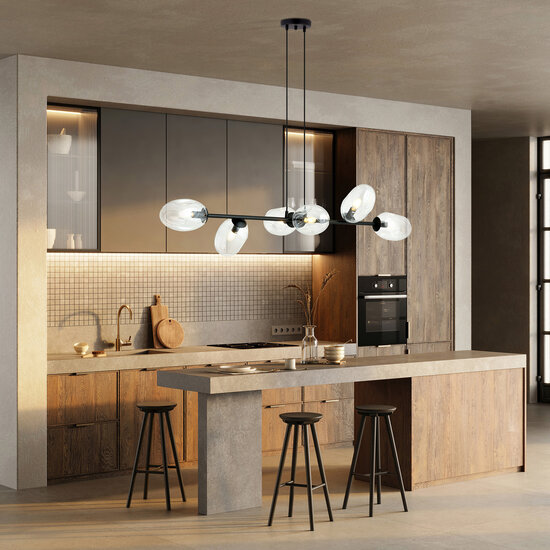 Exceptionnelle suspension noire avec 6x E14 verre transparent soufflé