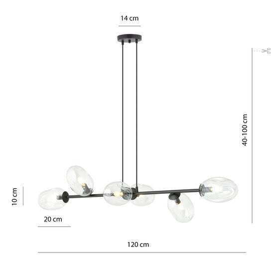 Exceptional black hanging lamp with 6x E14 blown transparent glass