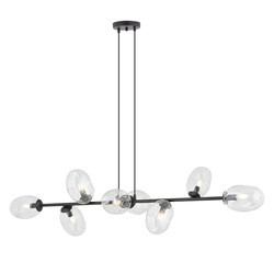 Exceptionnelle suspension noire 8x E14 avec verre transparent soufflé