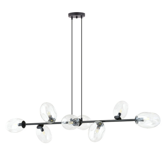 Exceptionnelle suspension noire 8x E14 avec verre transparent soufflé