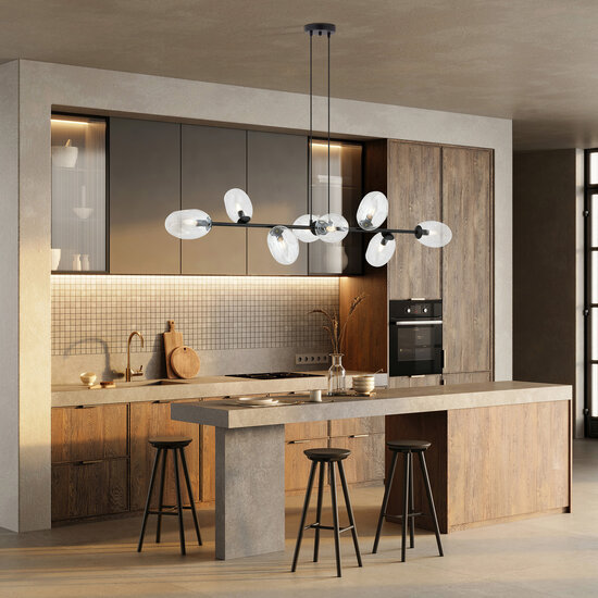 Exceptionnelle suspension noire 8x E14 avec verre transparent soufflé