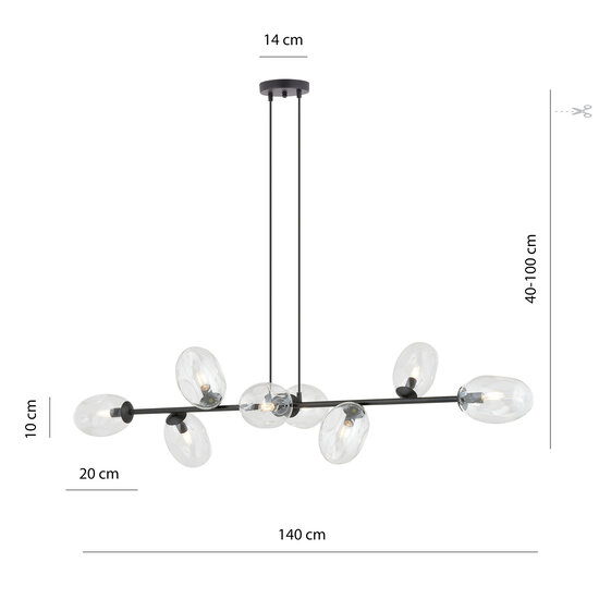 Uitzonderlijke 8x E14 zwarte hanglamp met geblazen transparant glas