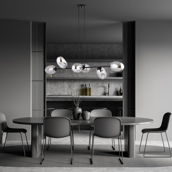 Emibig Emibig Zwarte grote pendellamp met 6 gefumeerde glazen E14 - Perfect voor een stijlvolle ambiance