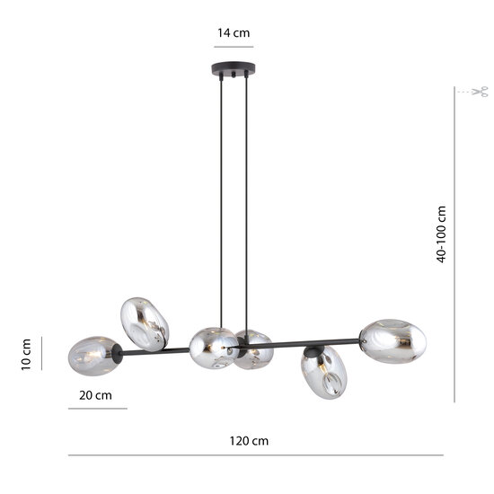 Black large pendant lamp with 6 fumed glasses E14