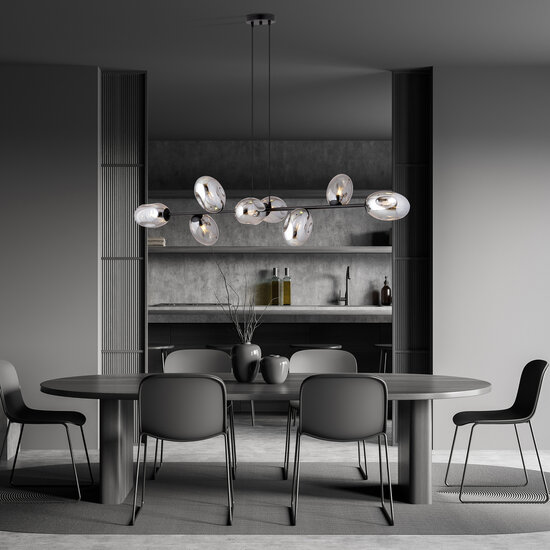 Schwarze große Designlampe mit 8 Rauchgläsern E14