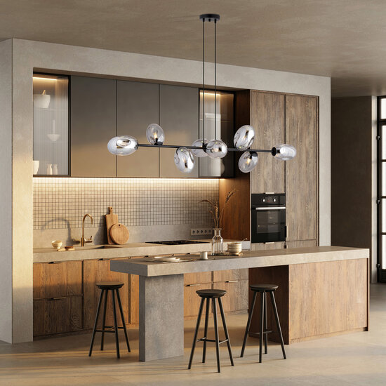 Schwarze große Designlampe mit 8 Rauchgläsern E14