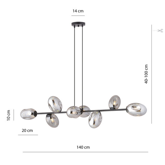 Schwarze große Designlampe mit 8 Rauchgläsern E14