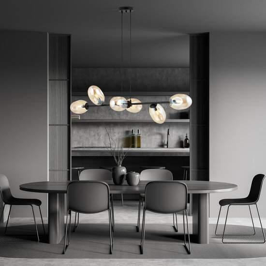 Design-Pendelleuchte mit 6 mundgeblasenen bernsteinfarbenen Gläsern E14