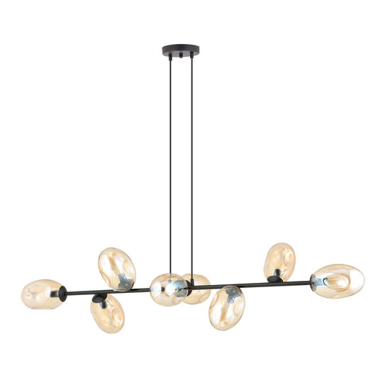 Beautiful 8x E14 black hanging lamp with blown amber glass