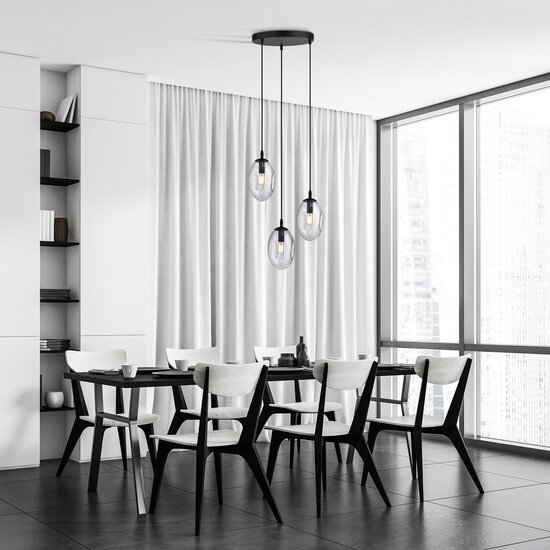 3 licht zwarte pendel met 3x E14 geblazen transparant glas
