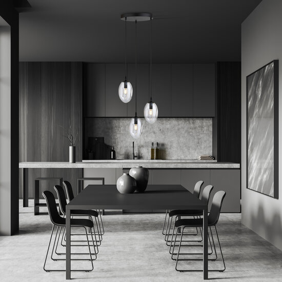 3 licht zwarte pendel met 3x E14 geblazen transparant glas
