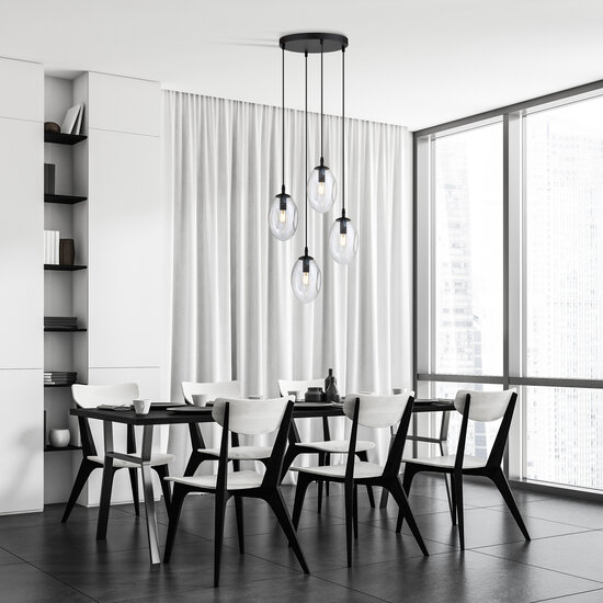 4 light black pendant with 4x E14 blown transparent glass