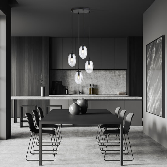 4 light black pendant with 4x E14 blown transparent glass