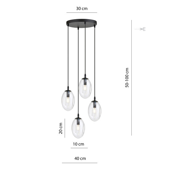 4 light black pendant with 4x E14 blown transparent glass